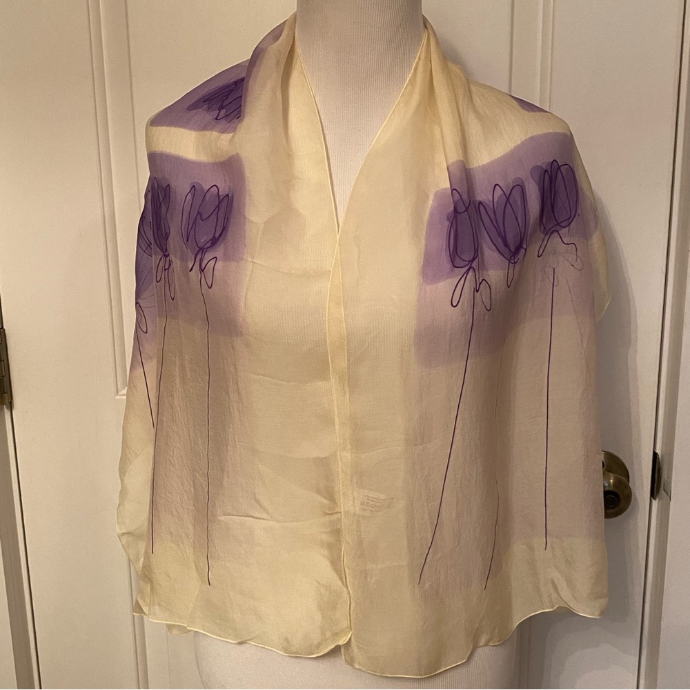 FRANCE SCARF CREAM PURPLE FLORAL FLOWERS TULIPS HAND PAINTED SHEER SILK LONG